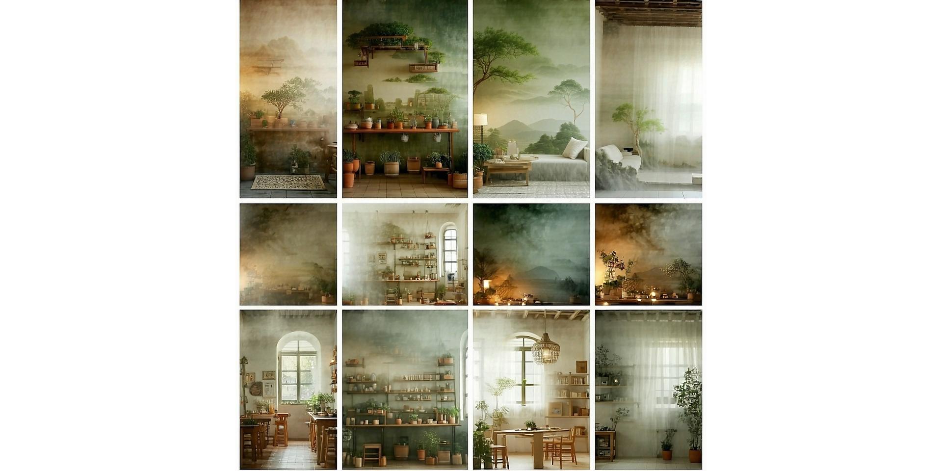 Collage d'ambiances de maisons décorées et d'artisans à l’œuvre