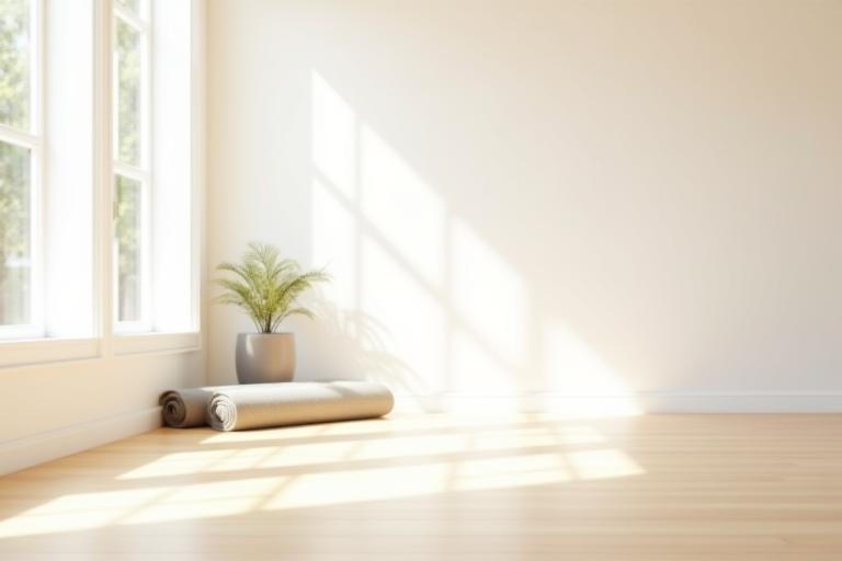 Interior view of a calm yoga studio space with natural light
