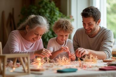 Famille créant des décorations lors d’un atelier