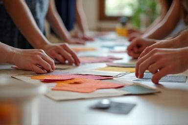 Participants manipulant des échantillons de textiles et couleurs